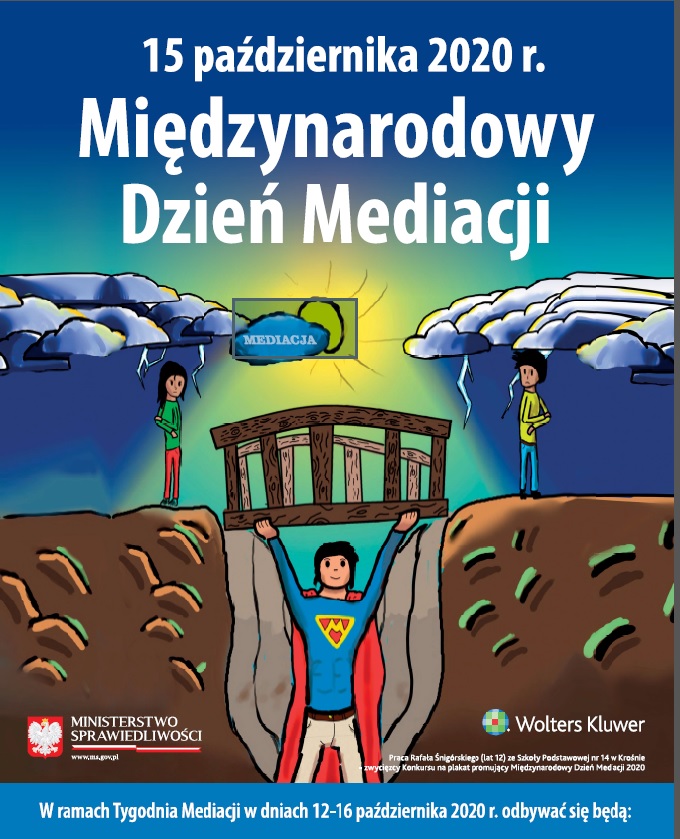 Plakat dotyczący Międzynarodowego Dnia Mediacji 2020, który odbędzie się 15 października 2020 r. 