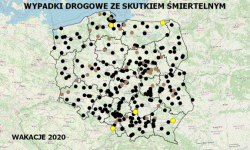 mapa Polski z zaznaczonymi punktami wypadków drogowych ze skutkiem śmiertelnym