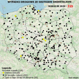 mapa Polski z zaznaczeniem miejsc wypadków ze skutkiem śmiertelnym